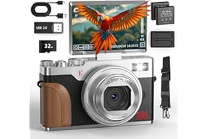 NBD Fotocamera digitale da 64 MP con funzione Vlogging 5K, Schermo Orientabile 3" 180°, Zoom 18X & Autofocus – Leggera 238g con SD 32GB + 2 Batterie(Argentato)