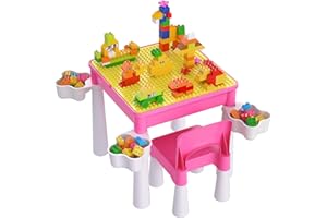 burgkidz Tavolo per Bambini con Sedia, Multifunzione 5 in 1 Tavolo Attivita con 128 Blocchi da Costruzione Mattoncini Creativi Grande, Giocattolo per Bambini 2+ Anni, Rosa
