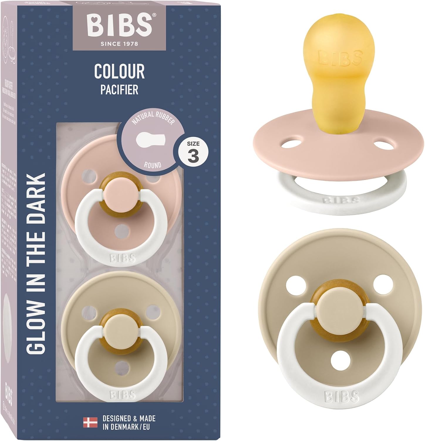 BIBS Colour Night Lot de 2 tétines rondes sans BPA Latex de caoutchouc naturel, taille 3 (18 mois et plus), rose clair/vanille