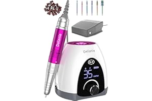 Delanie Torno para Uñas Profesional 35000 rpm con Pedal, Recargable Inalambrico Eléctrico Acrilicas o de Gel Manicura y Pedicura con 6 Brocas para Torno y con 25 Bandas de Lijado (Blanco)