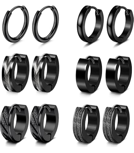 Boucles D'Oreilles Homme Noir - Lot De 16 Paires - Acier Inoxydable Anti-Allergique - Style Punk