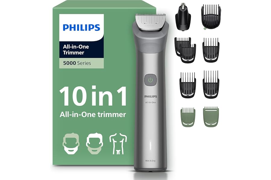Philips Recortadora todo en uno de 10 en 1 Serie 5000 - Afeitadora y cortapelos hombre para rostro, cabeza y cuerpo, cuchilla