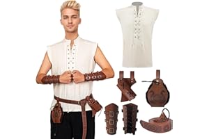 MVFEUIJ Ensemble de vêtements de la Renaissance médiévale - Costume de Viking pour homme - Chemise à lacets avec ceinture, protège-poignets - Chemise victorienne en lin sans manches