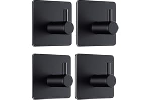 Moutek - Self Adhesive Hooks, Matte Aluminium Alloy 5KG Heavy Duty Wall Hooks for Bathroom Kitchen Living Room 4 Pack (Black)