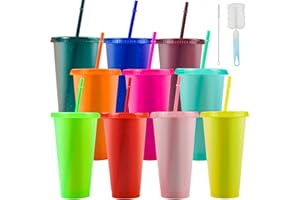 Galerie SV 10 Stück Mehrwegbecher mit Deckel,710ML Trinkbecher mit Deckel und Strohhalm,Wiederverwendbarer Farbwechselbecher aus Kunststoff für Kaffee/Kaltgetränk/Saft/Partybecher/Reisebecher