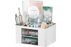 Marbrasse Desk Organiser with Drawers,Multifunctional Pen Holder with 7 Compartments,Stationary Organiser for Home Office Desk and Accessories(White)