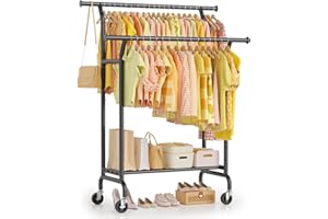 EAGMAK Double Clothes Rail Load 120 KG, Heavy Duty Clothes Rail on Wheels, Protable Clothing Rail with Storage Shelves, Metal Clothing Rack Free Standing for Bedroom, Office, Commercial Store (Black)