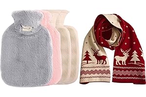 Bizcasa 2 pezzi 2L Borsa Acqua Calda con Coperchio in Peluche, Confezione da Acqua Calda Grande Capacità Borsa Acqua Calda in Gomma con Coperchio Rimovibile,con Una sciarpa di Natale