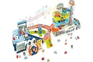 Fisca Set da gioco per auto da corsa 2 in 1 per bambini, rampa giocattolo per auto e parcheggio di sollevamento, doppia modalità per bambini, set da gioco con 6 auto, ascensore rotante automatico,