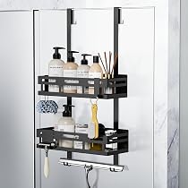 Mensola Per Doccia Senza Foratura – 2 Ripiani – Colore Nero – Con Ganci Per Lame E Rasoi – Facile Installazione Con Nastro Adesivo