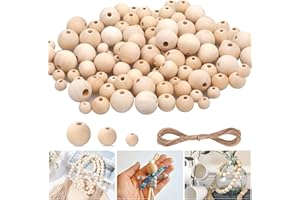 Svalor Perles en Bois Naturel 100 Pièces, Perles Rondes Bois avec Trou Taille mixte, Naturel Perle enbois avec 5m Fil de Coton Pour Bricolage, Artisanat et Fabrication de Bijoux (10/14/18mm)