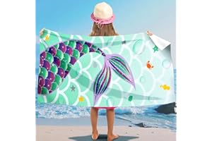 AUNGKWANG Meerjungfrau Strandtuch für Kinder, 75x150 cm Strandhandtuch für Mädchen, Mikrofaser Strandtuch, Ultra Saugfähig, Schnell Trocknend Badetuch, für Strand Reise Schwimmen (Grün)