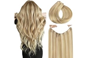 ‎HOTBANANA hotbanana Secret Hair Extensions Echthaar, 40cm 95g Remy Haarverlängerung mit Draht Invisible Secret Draht Extensions Echthaar Fish Line Haarverlängerungen Hellblond mit Strähnchen (Aschton)