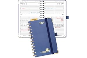 POPRUN Mały Kalendarz 2024 A6 Tygodniowy Książkowy 15,5 x 10,5 cm, Tygodniowy 2024 Planer, Stały Uchwyt na Pióro, Cewki Sztywny Okładka Ze Skóry Wegańskiej i Papier z Certyfikatem FSC®, Granatowy