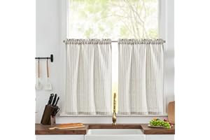 ‎TOPICK TOPICK Scheibengardine modern Gestreift Leinen Gardinen mit Streifen 2 Stücke H60 x B65 (cm) Küchenvorhang Blickdicht Kurz Küchengardinen für Küchen Lichtdurchlässig Klein Gardine Taupe auf Beige