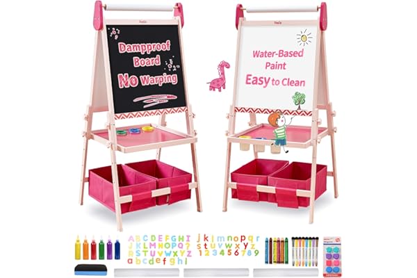 FUNLIO Chevalet d'art pour enfants âgés de 3 à 8 ans, tableau anti-déformation & cadre effaçable, enfant avec magnétique/tableau blanc, 3 hauteurs réglables, avec rouleau de papier rose