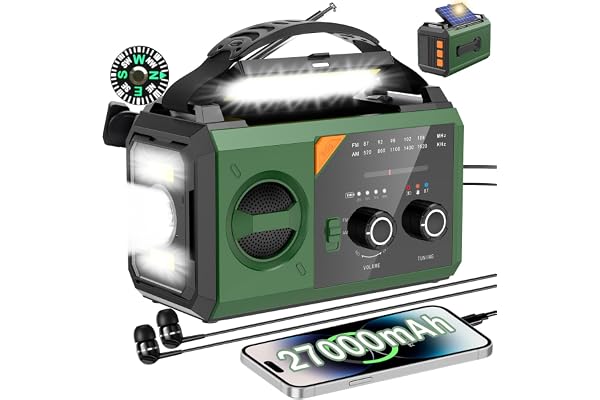 27000mAh Bluetooth Radio Solaire, Batterie Externe Solaire Radio AM/FM 3 Façons de Charger 8 en 1 Radio Portable d'urgence, SOS, Lampe de Poche, Boussole, Lampe de Lecture, Prise Casque