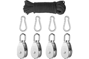 BSEICAL Pulley System Kit Multifunction, M15 360°swivel Hook Single Hanging Wire Towing Wheel 304 Stainless Steel, 30 Meter Nylon Pulley Line Rope & Carabiner Snap Hook Clips, Safe Loading 54 Kg (4PCS)