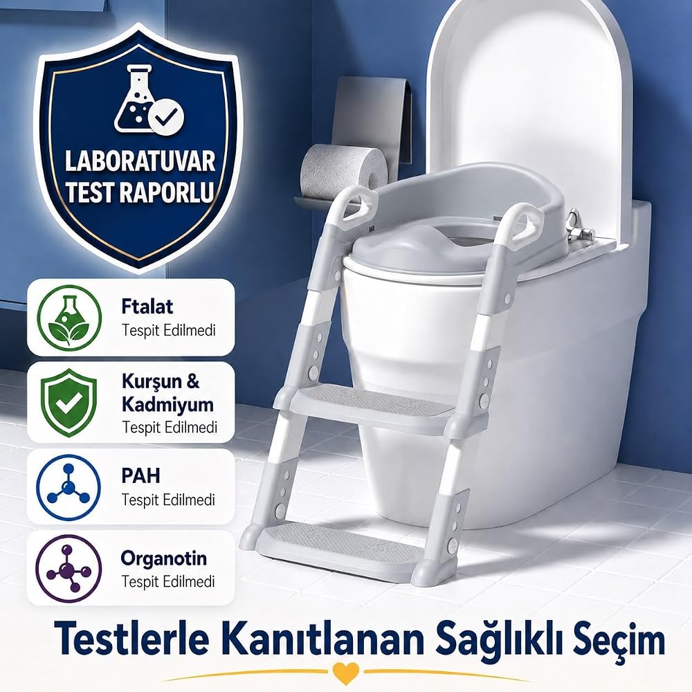 Çocuk Merdivenli Klozet Adaptörü Yükseklik Ayarlı Pratik Tuvalet Eğitici Klozet Oturak Gri