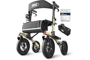 VOCIC Deambulateur 4 roues pliable leger pour personnes âgées,Deambulateur avec assise et panier,Déambulateur en aluminium réglable en hauteur pour l'extérieur et les voyages,Champagne(Garantie 5 ans)