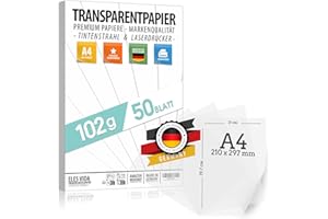 ‎ELES VIDA 50 Blatt Blatt Transparentpapier bedruckbar DIN A4 PREMIUM 102g zum selber Bedrucken, Basteln Laternenpapier – Abpauspapier – Pauspapier, Tischkarten und Laternen selber basteln aus deutschland