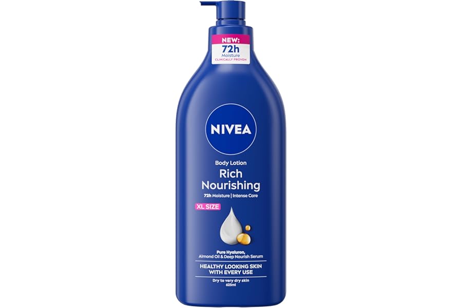 NIVEA Rich Nourishing Body Lotion (625ml), Rich 72H Hydration Moisturiser for Dry Skin Made with Deep Moisture Serum and Almond Oil, Extra Large NIVEA Body Lotion