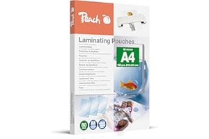 Peach PP580-02P Pochettes de plastification A4 80 microns 125 pochettes brillantes de qualité supérieure pour de meilleurs résultats de plastification Compatible avec les appareils de toutes marques