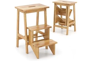 GIANTEX Taburete Escalera Plegable de 3 Peldaños, Escalera de Madera de Caucho con Asa Calada, 41 x 56 x 61 cm, Carga 270 kg, Taburete Multifuncional para Estudio, Cambiador, Almacén (Natural)