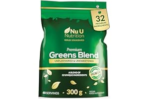 Premium Greens Powder | 300g - 32 Active Ingredients - 60 Servings - Ashwagandha KSM-66®, Matcha, Digestive Enzymes, Probiotics and Electrolytes - Unflavoured, Unsweetened, Vegan - Nu U Nutrition