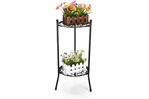 Youyijia Plant Stand Indoor 2 Tier Metal Tall Plant Holder Flower Pot Rack for Home Outdoor Garden 50x30cm Black