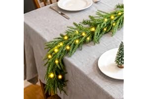 ZYNCOVE 9FT/2.7M Artificial Norfolk Pine Garlands with Lights, Xmas Garlands for Fireplace Stairs Front Door,Light Up Artificial Wreath Table Porch Arch Mantle Garden Gate Home Outdoor Decorations