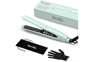 Terviiix Mini Hair Straightener for Short Hair, Tourmaline Ceramic Compact Small Straighteners, Travel Mini Straighteners with Pouch, Auto Shut Off, Dual Voltage with Adjustable Temp, Green