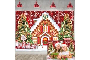 WANGRJ Christmas Gingerbread House Backdrop Winter Merry Xmas Tree Gift Photography Background Family Holiday Party Red Christmas Theme Backdrop decoration 7x5FT