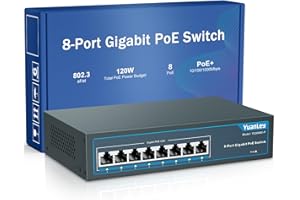 YuanLey 8 Port Gigabit PoE Switch, 8 PoE+ Port 1000Mbps, 120W 802.3af/at, Metal sin Ventilador Plug and Play no Administrado