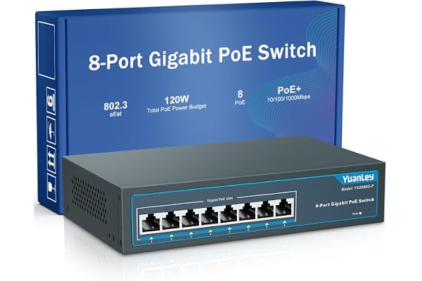 YuanLey 8 Port Gigabit PoE Switch, 8 PoE+ Port 1000Mbps, 120W 802.3af/at, Étendre la Fonction, Metal Fanless Unmanaged