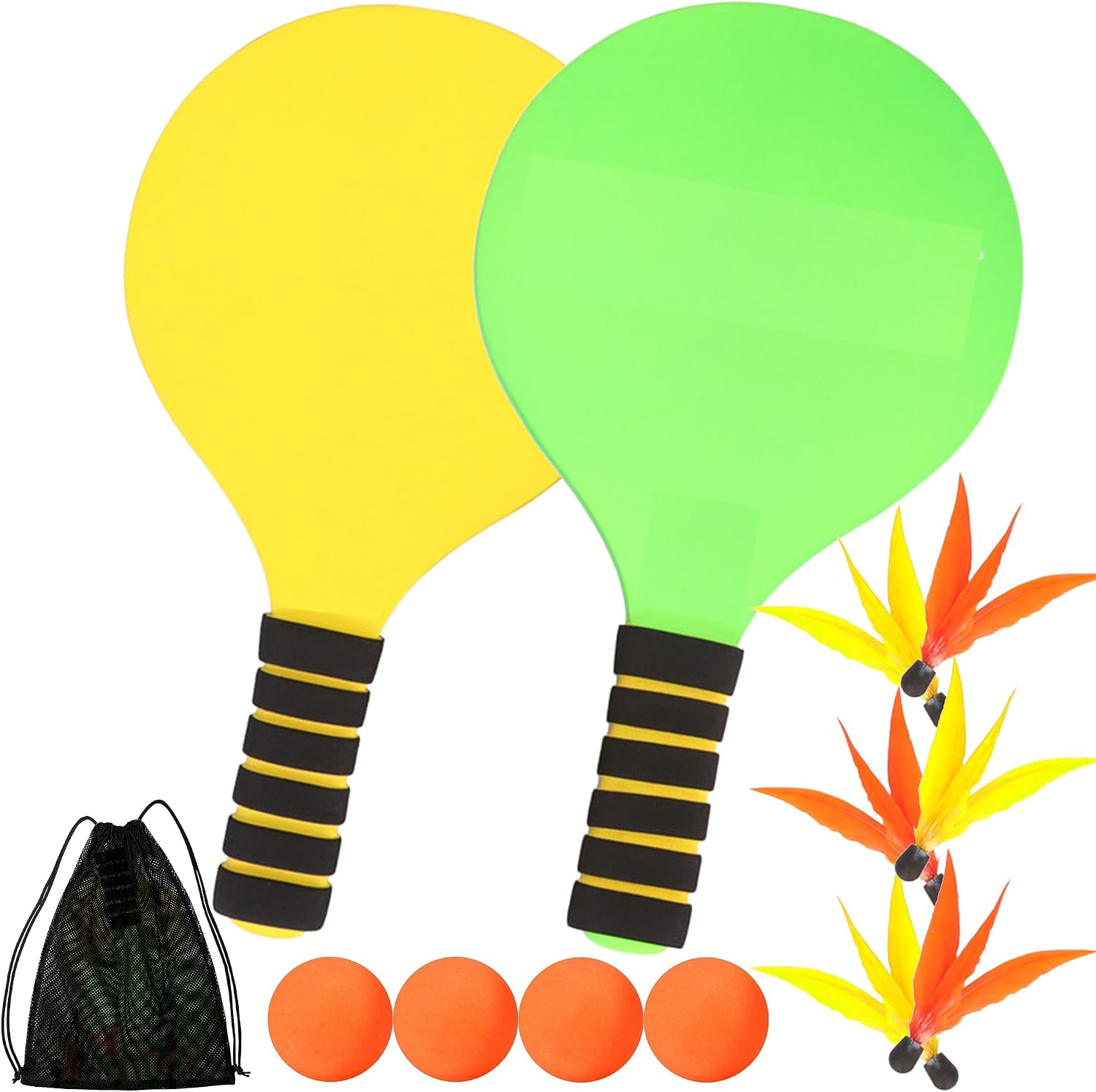 Set de Palas de Playa, Juega Estilo Badminton Beach Tennis, Raquetas de Playa con 4 Pelotas & 6 Pajaritos y Bolsa, Juego de Verano para Interior Exterior Jardín Beach Party, Juguetes Playa Niño Adulto