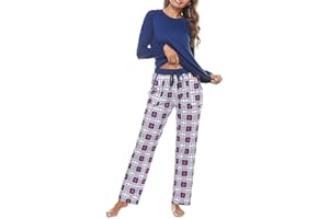 Uniexcosm Pigiama per Donna Pigiama Donna Cotone Lungo Leggero Gatto Girocollo Maniche Lunghe Pigiama Due Pezzi Donna a Tasche Laterali