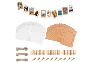 JINTANG 30 Pieces Cardboard Photo Frame, 10 x 15 cm Kraft Paper Picture Frame, Photo Garland, DIY Hanging Wall Decoration with 30 Pieces Clips and 3 Pieces Hemp Ropes Set (Brown + White)