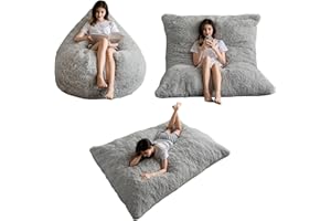 MAXYOYO Giant Bean Bag Bed - Square Bean Bag Chair - Large Sofa with long Faux Fur Cover and Fluffy Filling Included for Adult, Couples, Guest (Gray, Full)