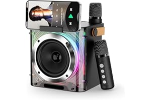 PKBD Karaoke Machine 2 Microphones for Adults Kids, Portable Bluetooth Speaker with 4 Voice Changing Effects and 5 Light Effects, Karaoke Speaker for Gift Home Party - Support TF Card, AUX (Black)