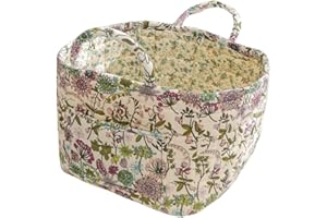 SYLET Quilted Fabric Storage Basket with Handles – Boho Foldable Floral Organizer Bin for Home, Picnic, Shopping, Travel 13"x11"x10" (Vintage Garden)