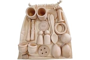 GERILEO Montessori Cestino del Tesoro - 20 Pezzi - Gioco Euristico - Set Piccoli Accessori da Cucina in Legno con Sacchetto di Stoffa - Utensili - Cesto Sensoriale (Borsa+20 Pezzi)