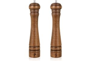 Salt and Pepper Grinders Set, Haomacro 10Inch Updated Manual Wooden Pepper Shaker Set,Oak Wood Salt Mill Pepper Grinder Set Refillable with Adjustable Ceramic Rotor 2Pack