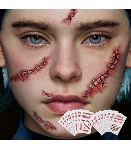 20 FOGLI HALLOWEEN Tatuaggi Temporanei Ferite Cicatrici Sangue Punti