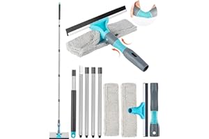 SOSALUK Kit detergente per vetri professionale 2 in 1 raschietto per vetri con manico telescopico 200 cm raschietto per vetri in acciaio inox smontabile con 2 panni in microfibra per finestre alte interne ed