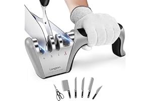 longzon Affilacoltelli Professionale, 4 in 1 Affila Coltelli da Cucina con Due Guanti Antitaglio, Affilacoltelli Manuale per Coltelli Dritti, Forbici, Sicuro e Facile da Usare