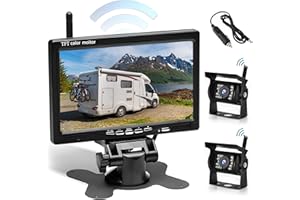 Hikity Kit de Cámara Trasera Inalámbrica para Coche, Monitor de 7 Pulgadas con Doble Cámara Trasera Impermeable con Visión Nocturna y Gran Angular para RV Camión, Autobús