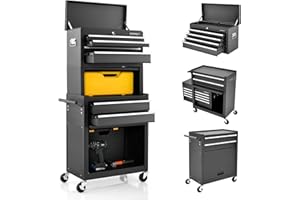 COSTWAY Servante d'Atelier à 6 Tiroirs avec Coffre Outils Amovible et Armoire de Rangement, Caisse à Outils Roulante Verrouillable Étagère Réglable Doublure EVA, pour Garage Atelier (Noir)