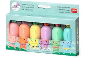 Legami - Set de 6 Mini Surligneurs, Carrate Team, Surligneurs en Forme de Carotte, Encres à Base d'Eau, pour Traits Fins et Epais, Couleurs Pastel, Séchage Rapide