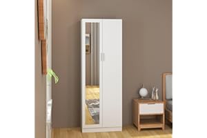 Panana 2 Door Mirrored Wardrobe with Hanging Rail Wooden Clothes Storage Cupboards Unit for Bedroom Furniture 72 x 47 x 170 cm (White)
